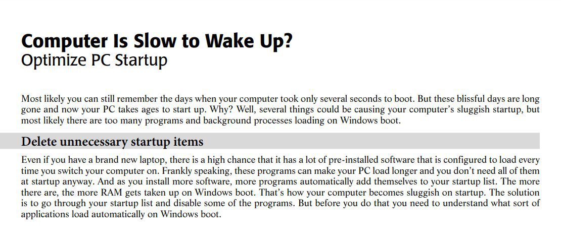 Computer Is slow to wake Up Optimise PC Startup